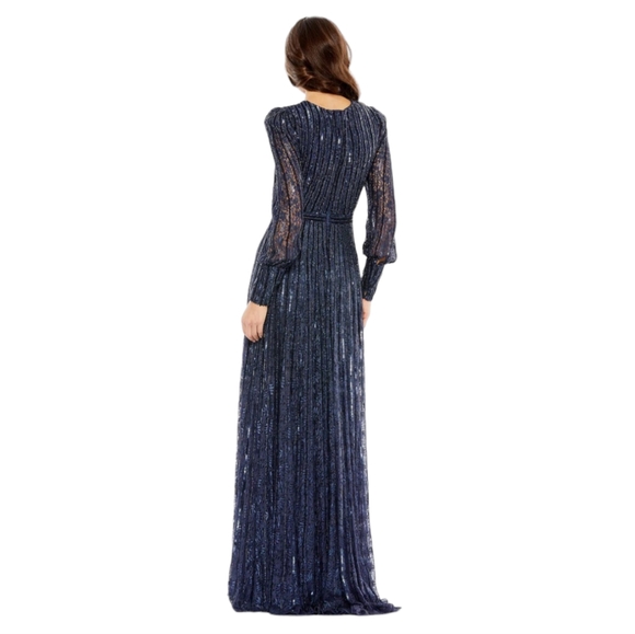 Mac Duggal size 14 Beaded Lace Longsleeve Wrap Over Midnight Navy 93679D dress - Picture 4 of 16
